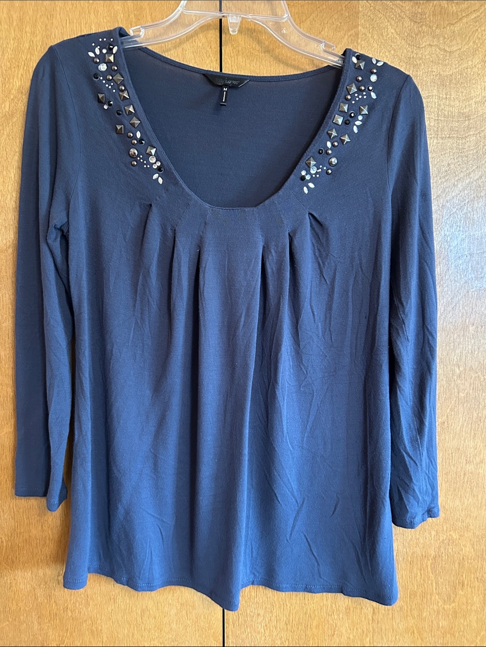 Daisy Fuentes Embellished Scoop Neck Gray 3/4-Sleeve Top